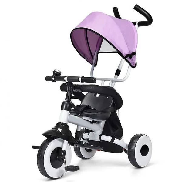 Tricycle Bébé Evolutif Vélo Enfant de 1 à 5 Ans Pliable avec Tige-poussoir et Pare-soleil Sac de Rangement 91x50x102cm