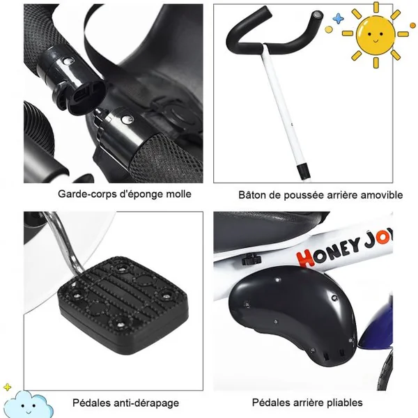 Tricycle Vélo 4 en 1 Évolutif Pliable pour Enfants de 1 à 5 Ans Capacité 25kg en Acier PVC ABS, 91x49,5x102,5cm, Bleu