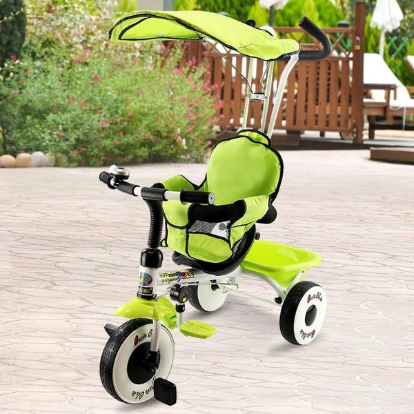 Tricycle Évolutif Enfant de 1 à 4 ans Auvent Pliable et Arceau de Sécurité Roues Silencieuses Capacité 25kg Vert