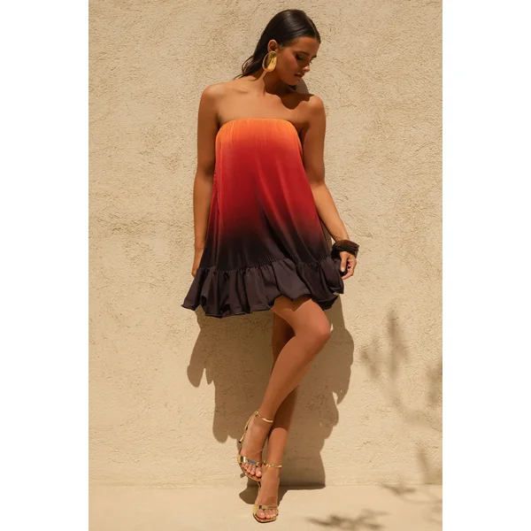 Tropical | Mini-Robe en Satin Dégradé Orange avec Ourlet à Volants
