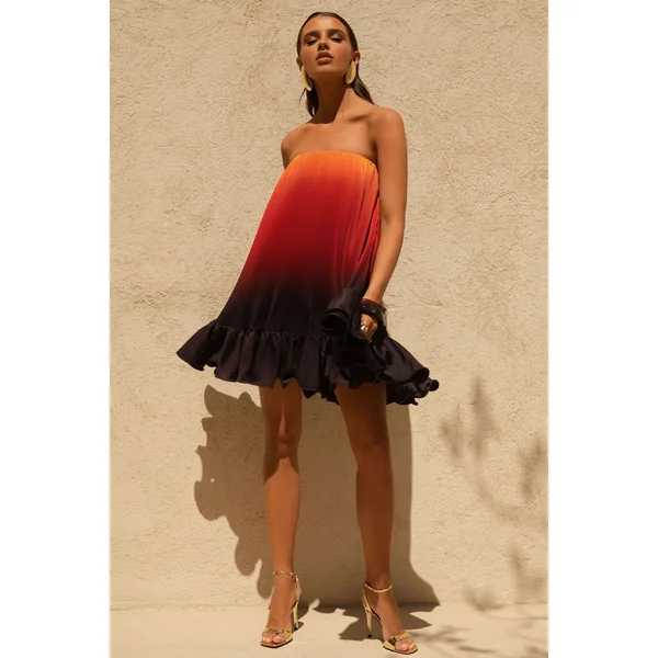 Tropical | Mini-Robe en Satin Dégradé Orange avec Ourlet à Volants
