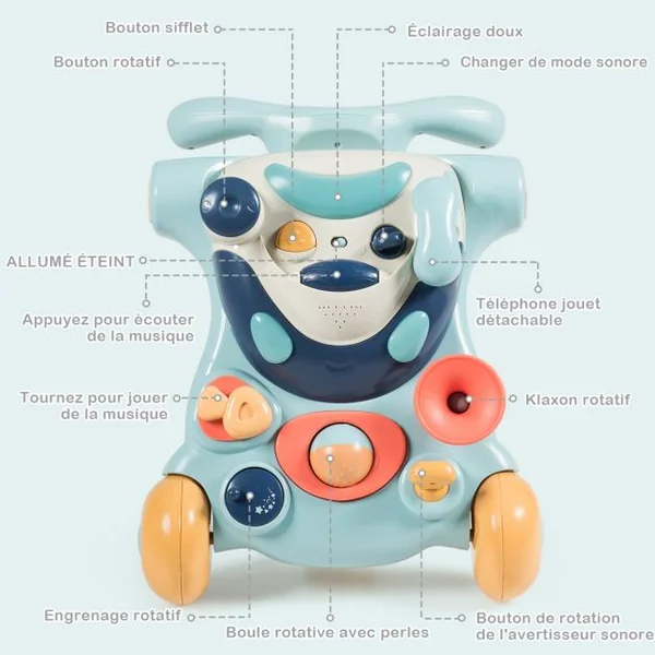 Trotteur Convertible 2 en 1 pour Apprendre à Marcher pour Enfants de 6 à 36 Mois en ABS et PP 61x37x43cm Bleu