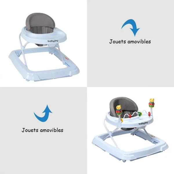 Trotteur marcheur bébé Pliable Réglable en hauteur Avec jouets sur plateau 4 roues robustes, 71x62x56cm, Rose