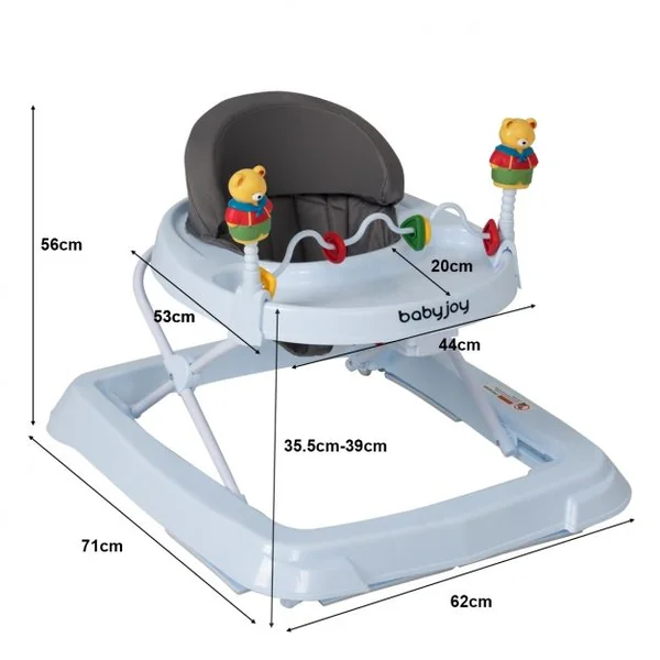 Trotteur marcheur bébé Pliable Réglable en hauteur Avec jouets sur plateau 4 roues robustes, 71x62x56cm, Rose