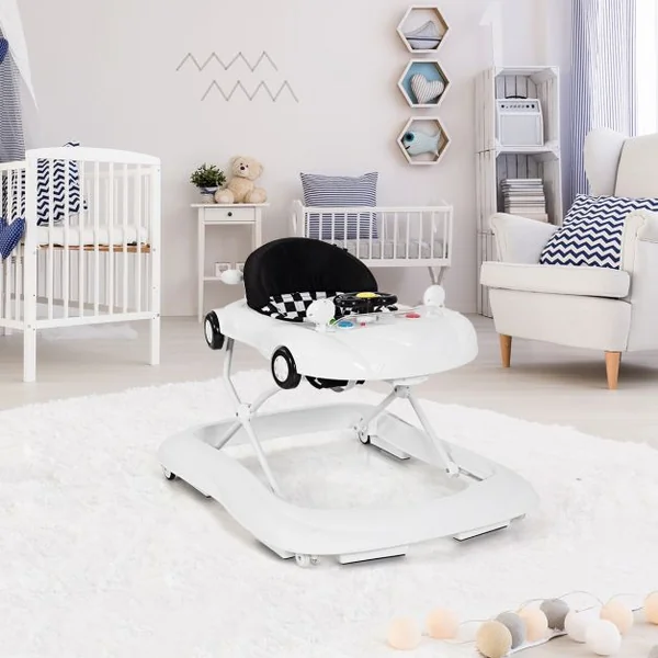 Trotteur Musical pour Bébé de 6 à 18 Mois Pliable et Ajustable, Capacité 12 kg, en PP, 78,5x64,5x12,5-22,5cm, Blanc