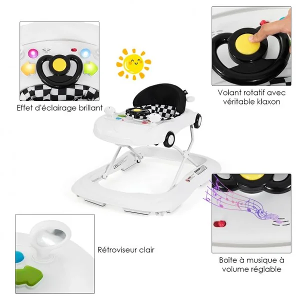 Trotteur Musical pour Bébé de 6 à 18 Mois Pliable et Ajustable, Capacité 12 kg, en PP, 78,5x64,5x12,5-22,5cm, Blanc