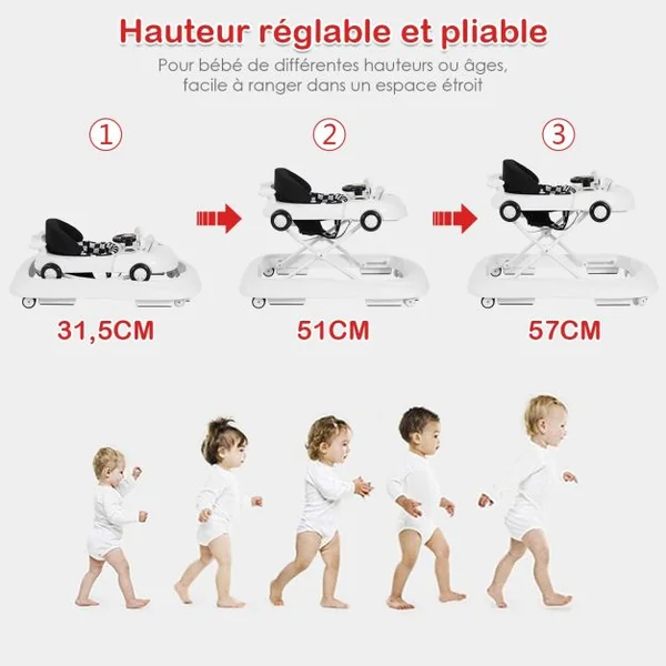 Trotteur Musical pour Bébé de 6 à 18 Mois Pliable et Ajustable, Capacité 12 kg, en PP, 78,5x64,5x12,5-22,5cm, Blanc