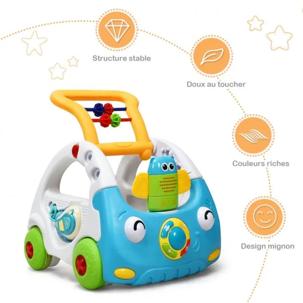Trotteur Parlant pour Enfants de 6 Mois à 3 Ans pour Apprendre à Marcher Multifonction Sons Lumières 43x38x46cm Bleu