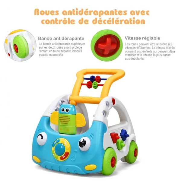 Trotteur Parlant pour Enfants de 6 Mois à 3 Ans pour Apprendre à Marcher Multifonction Sons Lumières 43x38x46cm Bleu