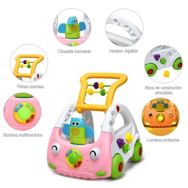 Trotteur Parlant pour Enfants de 6 Mois à 3 Ans pour Apprendre à Marcher Multifonction Sons Lumières 43x38x46cm Rose