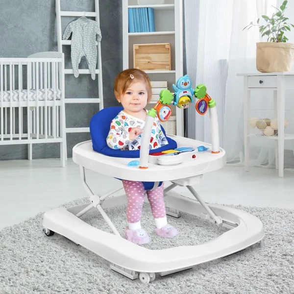 Trotteur pour Bébé de 6 à 18 Mois Compact Pliable 2 en 1 avec Siège Rembourré Plateau Jouets Amovible 75x60x70cm Bleu