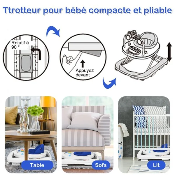 Trotteur pour Bébé de 6 à 18 Mois Compact Pliable 2 en 1 avec Siège Rembourré Plateau Jouets Amovible 75x60x70cm Bleu