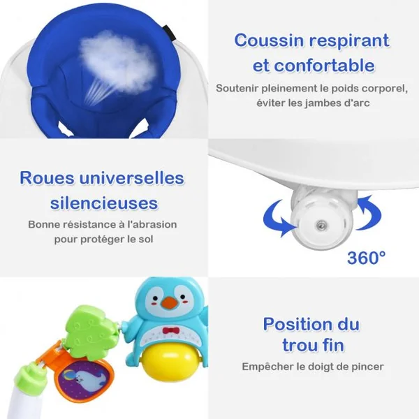 Trotteur pour Bébé de 6 à 18 Mois Compact Pliable 2 en 1 avec Siège Rembourré Plateau Jouets Amovible 75x60x70cm Bleu