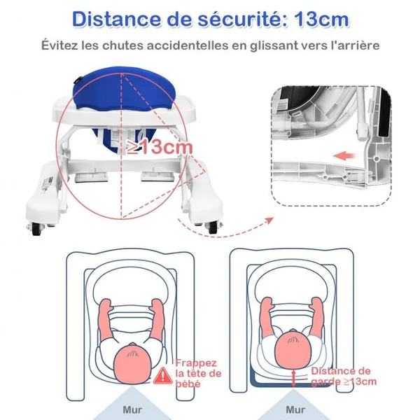 Trotteur pour Bébé de 6 à 18 Mois Compact Pliable 2 en 1 avec Siège Rembourré Plateau Jouets Amovible 75x60x70cm Bleu