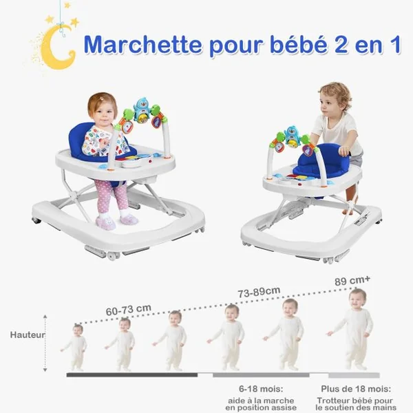 Trotteur pour Bébé de 6 à 18 Mois Compact Pliable 2 en 1 avec Siège Rembourré Plateau Jouets Amovible 75x60x70cm Bleu