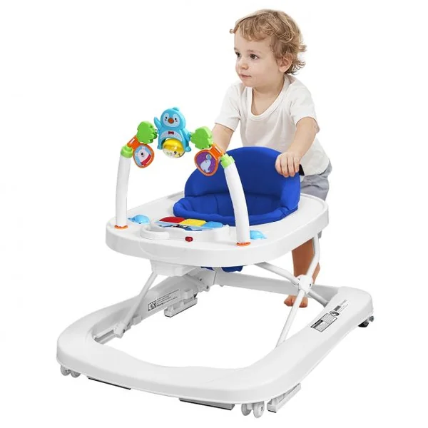 Trotteur pour Bébé de 6 à 18 Mois Compact Pliable 2 en 1 avec Siège Rembourré Plateau Jouets Amovible 75x60x70cm Bleu