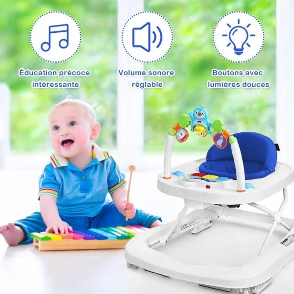 Trotteur pour Bébé de 6 à 18 Mois Compact Pliable 2 en 1 avec Siège Rembourré Plateau Jouets Amovible 75x60x70cm Bleu