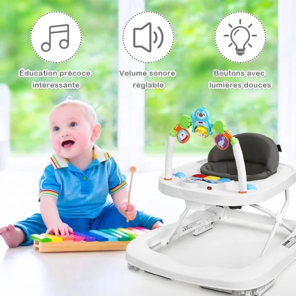 Trotteur pour Bébé de 6 à 18 Mois Compact Pliable 2 en 1 avec Siège Rembourré Plateau Jouets Amovible 75x60x70cm Gris