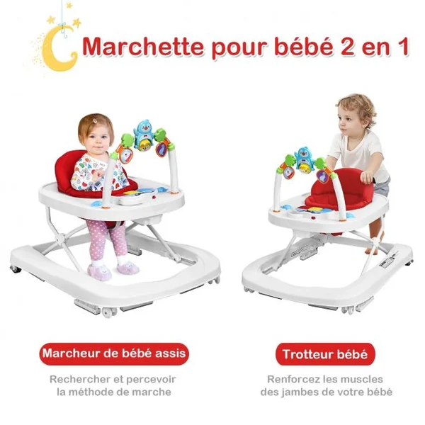 Trotteur pour Bébé de 6 à 18 Mois Compact Pliable 2 en 1 avec Siège Rembourré Plateau Jouets Amovible 75x60x70cm Rose