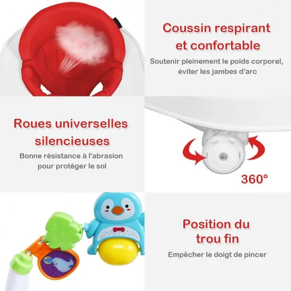 Trotteur pour Bébé de 6 à 18 Mois Compact Pliable 2 en 1 avec Siège Rembourré Plateau Jouets Amovible 75x60x70cm Rose