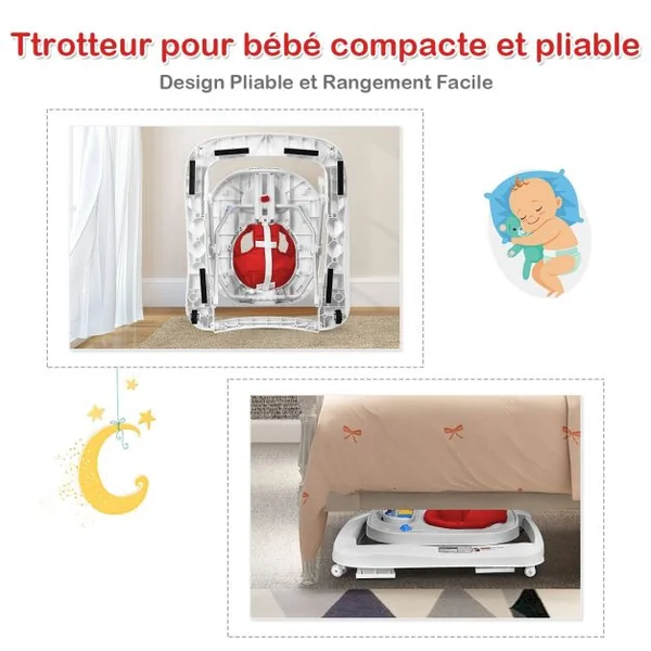 Trotteur pour Bébé de 6 à 18 Mois Compact Pliable 2 en 1 avec Siège Rembourré Plateau Jouets Amovible 75x60x70cm Rose