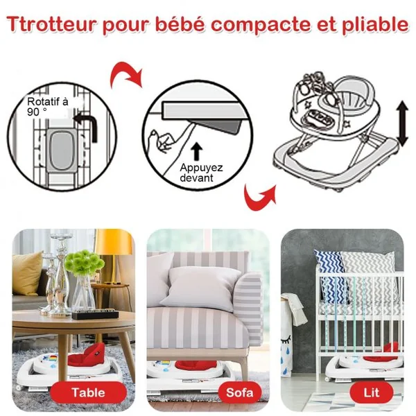 Trotteur pour Bébé de 6 à 18 Mois Compact Pliable 2 en 1 avec Siège Rembourré Plateau Jouets Amovible 75x60x70cm Rose