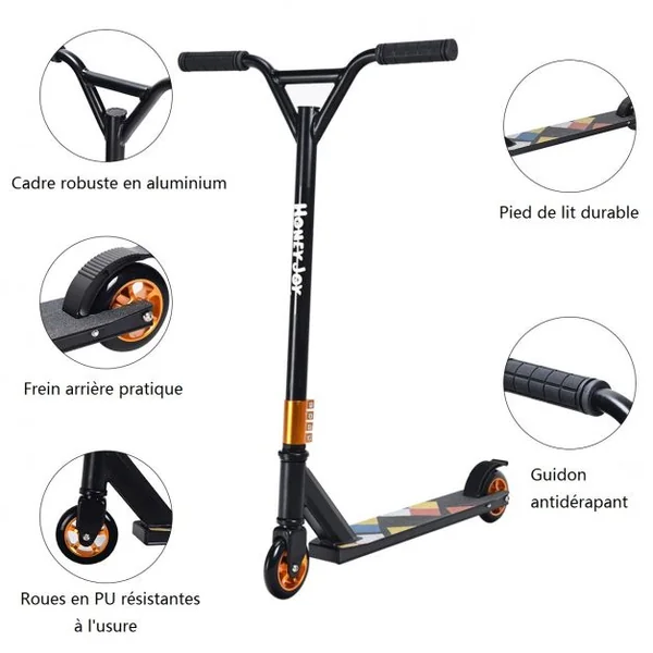 Trottinette Freestyle en Aluminium avec Roues en PU à 360° Frein Arrière et Guidon Antidéparant Support Jusqu'à 100KG Noir