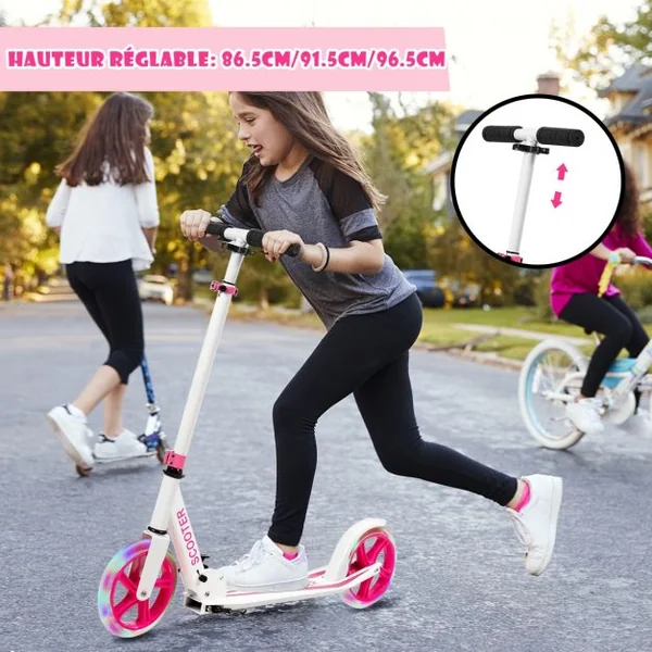Trottinette Sport avec Plateau en Aluminium Poignée Ajustable pour les Enfants de 10 ans et plus Rose