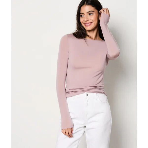 T-shirt manches longues col bateau avec cachemire en maille thermique