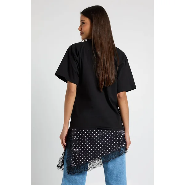 T-shirt À Ourlet Asymétrique En Satin À Pois Et Dentelle