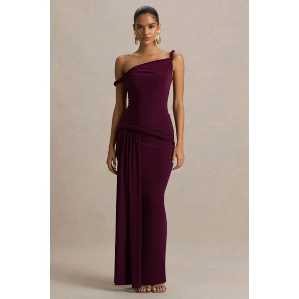 Tulisa | Robe longue bordeaux à encolure asymétrique avec manches torsadées et détails froncés