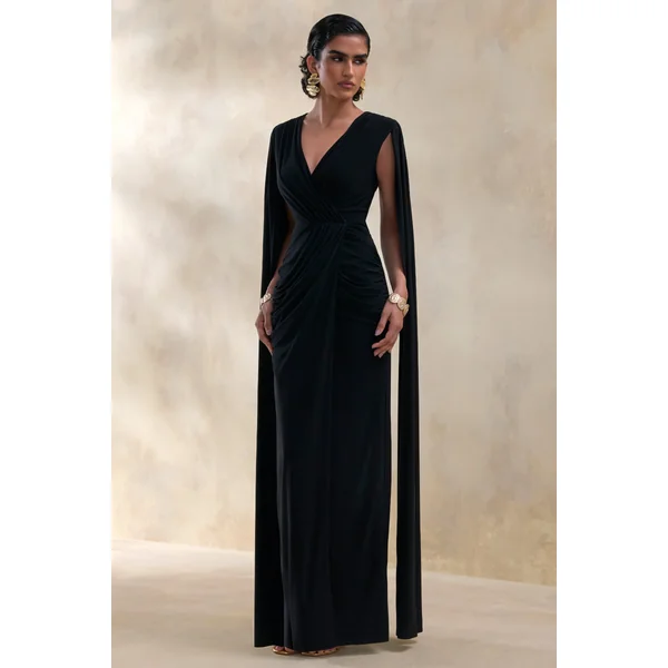 Ulissia | Robe longue noire à décolleté en V avec manches cape