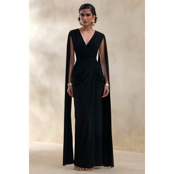 Ulissia | Robe longue noire à décolleté en V avec manches cape
