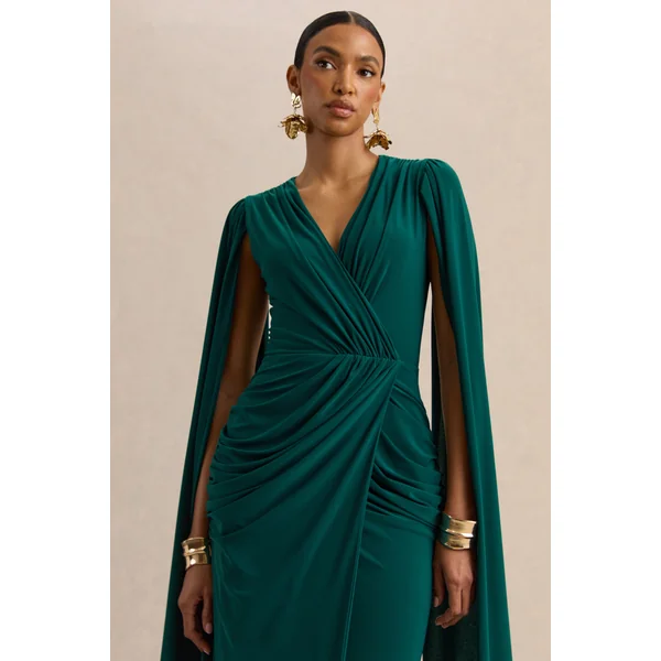 Ulissia | Robe longue vert bouteille à décolleté en V avec manches cape