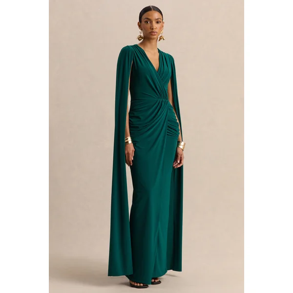 Ulissia | Robe longue vert bouteille à décolleté en V avec manches cape