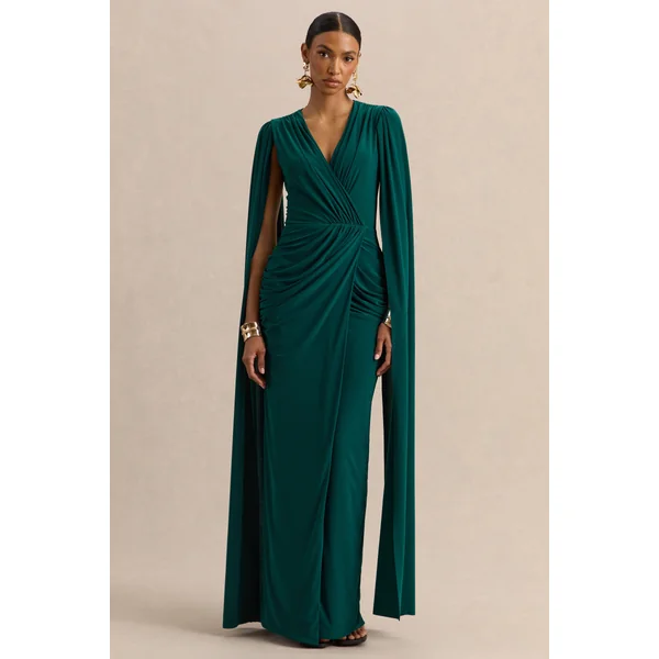 Ulissia | Robe longue vert bouteille à décolleté en V avec manches cape