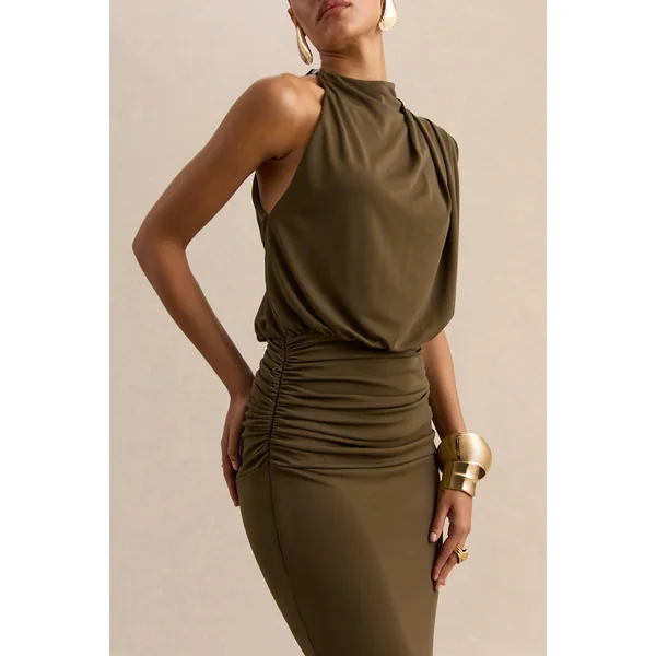 Umaira | Robe longue kaki à encolure haute