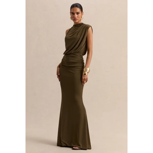 Umaira | Robe longue kaki à encolure haute