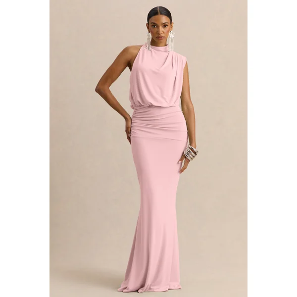 Umaira | Robe longue rose clair à col montant asymétrique