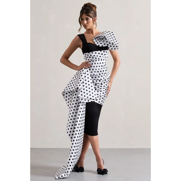 Unattainable | Robe mi-longue à pois noirs avec drapé volumineux