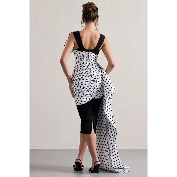 Unattainable | Robe mi-longue à pois noirs avec drapé volumineux