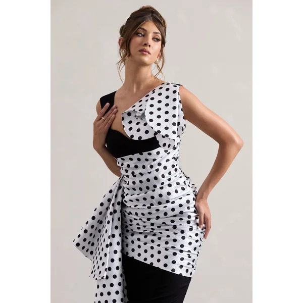 Unattainable | Robe mi-longue à pois noirs avec drapé volumineux