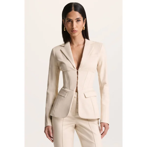 Unbeaten | Cream Plunge Corset Waist Blazer