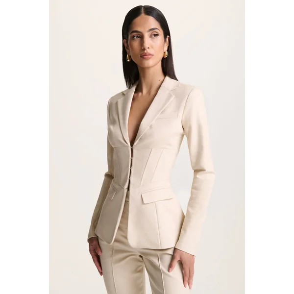Unbeaten | Cream Plunge Corset Waist Blazer