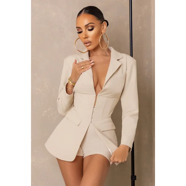 Unbeaten | Cream Plunge Corset Waist Blazer
