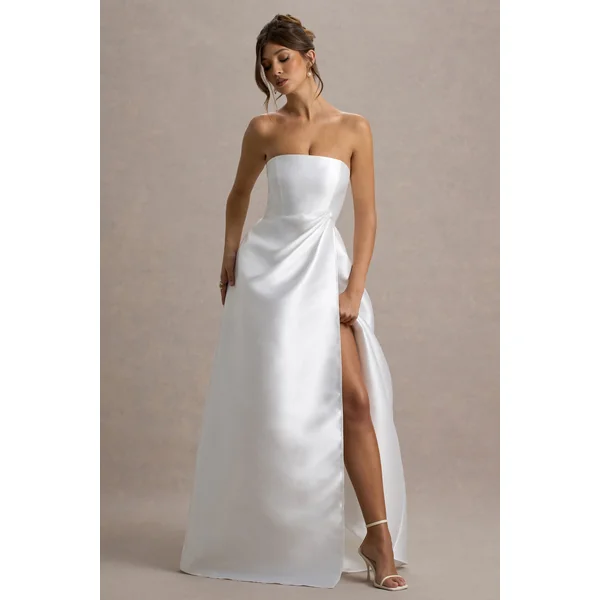 Universe | Robe Longue Blanche à Épaules Dénudées avec Bas Fendu et Manches Bouffantes