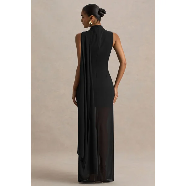 Unpredictable | Robe longue noire à encolure haute avec détail cape au dos
