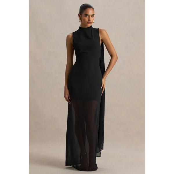 Unpredictable | Robe longue noire à encolure haute avec détail cape au dos