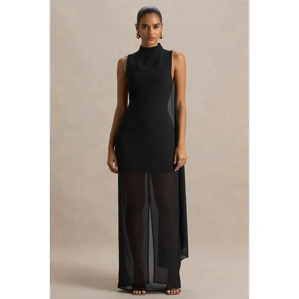 Unpredictable | Robe longue noire à encolure haute avec détail cape au dos