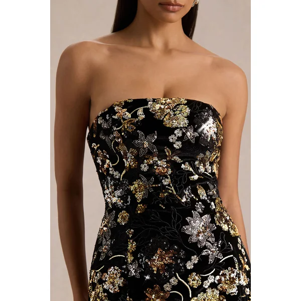 Valeri | Mini-robe en velours noir à encolure bandeau et sequins floraux bronze